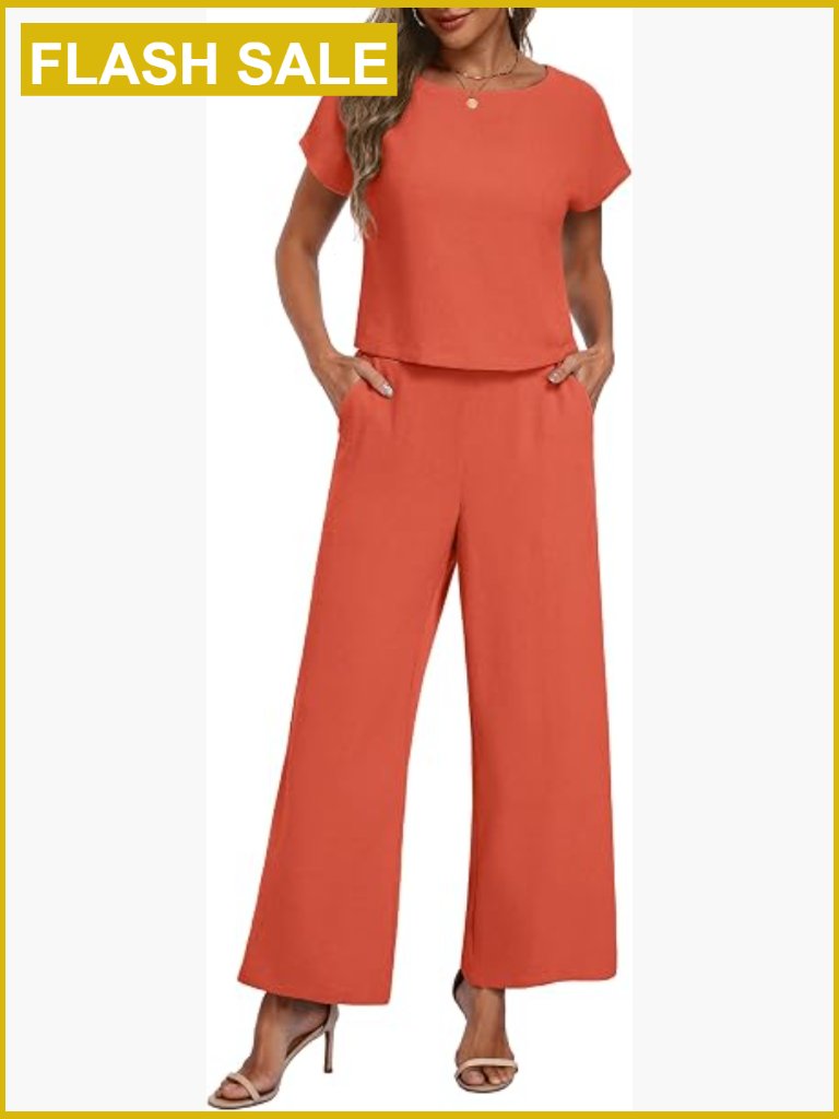 Women's 2 Piece Lounge Set Cap Sleeve Crop Top Wide Leg Pants With Pockets